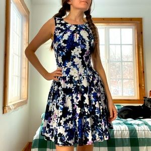 Express Blue Floral Keyhole Pleated Dress